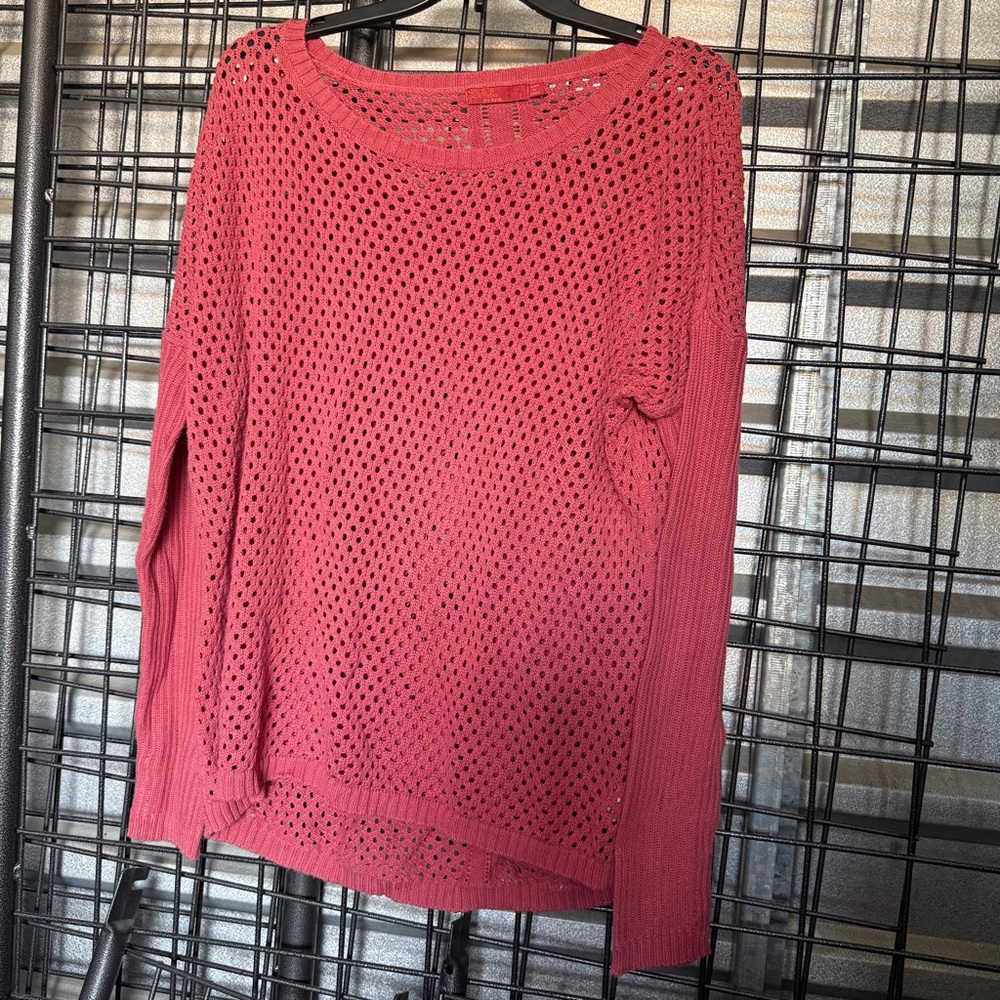 Prana Open-Knit Sweater large organic cotton size L Coral Pink open knit A8